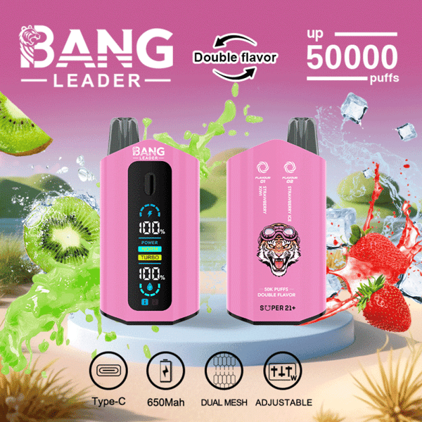 Advertisement for Bang Leader disposable vape featuring two pink devices, kiwi and strawberry images, and text promoting double flavor, adjustable settings, up to 50,000 puffs, and other features like Type-C charging and dual mesh coils.