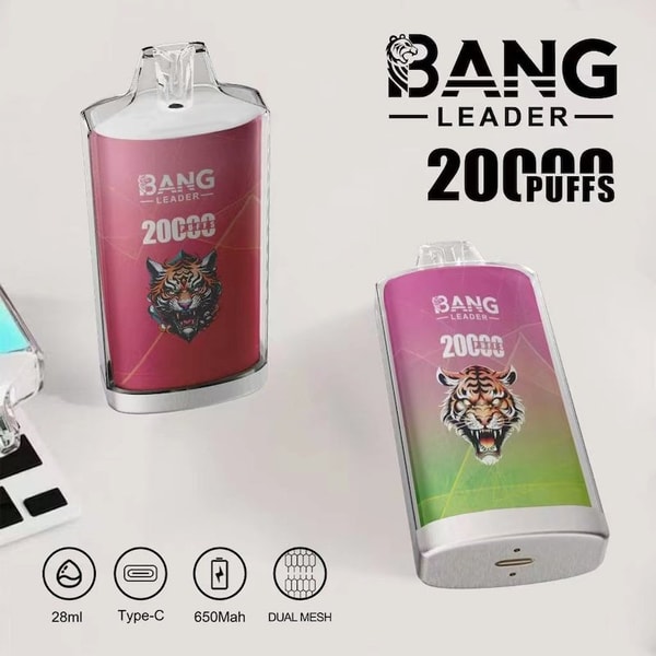 Twee vape-apparaten van Bang Leader met kleurrijk tijgerkunstwerk, die 20.000 trekjes bieden en specificaties hebben: een capaciteit van 28 ml, opladen van Type-C, een batterij van 650 mAh en Dual Mesh-spoelen.