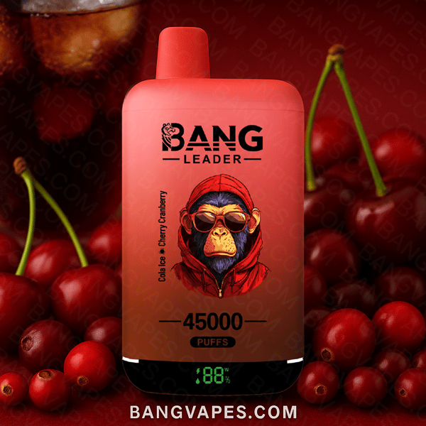 Un appareil de vape Bang Leader rouge aux saveurs Cola Ice et Cherry Cranberry, avec des cerises en arrière-plan et le texte indiquant 45 000 bouffées et une charge 88%.