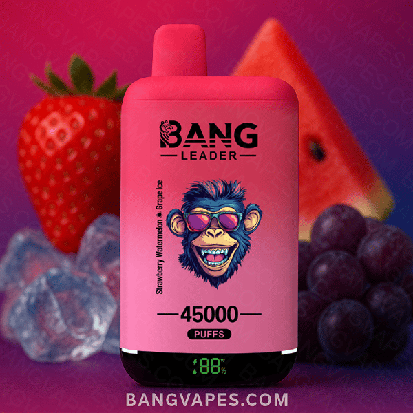 Appareil de vapotage aux couleurs vives étiqueté ' Bang Leader ' aux saveurs de fraise, de pastèque et de raisin, sur fond de fruits frais et de glaçons.