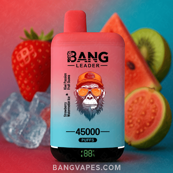 Bang Leader disposable vape device with dual fruit flavors listed on the front, surrounded by sliced kiwi, guava, watermelon, strawberry, and ice cubes, with a digital puff count display at the bottom.