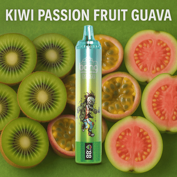 Un stylo vape étiqueté ' Bang Blaze ' avec un personnage de zombie de dessin animé, entouré de tranches de kiwi, de fruit de la passion et de goyave, avec un texte en gras indiquant ' Kiwi Passion Fruit Goyave ' ci-dessus.