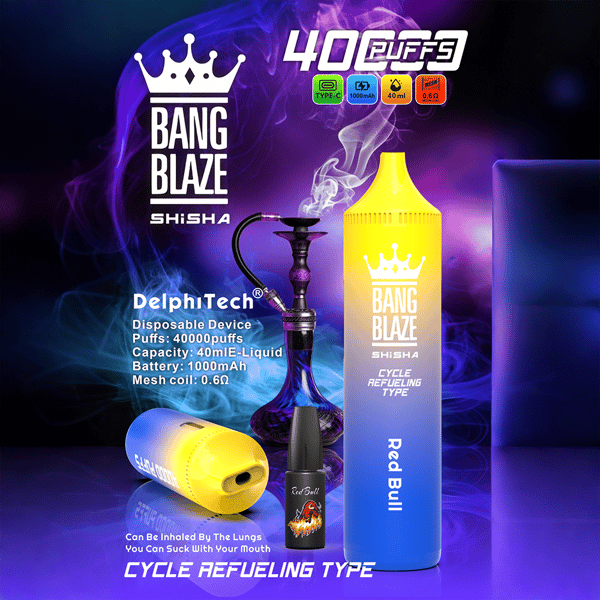 Obraz promocyjny jednorazowego urządzenia do waporyzacji Bang Blaze Shisha o smaku Red Bull, zawierającego takie specyfikacje, jak 40 000 zaciągnięć, pojemność 40 ml e-liquidu, akumulator 1000 mAh, cewkę z siatką 0.6 Ω i cykliczne tankowanie, ze zdjęciami vape, wkładu e-liquidu, fajki wodnej i efektów dymu na niebieskim i fioletowym tle.