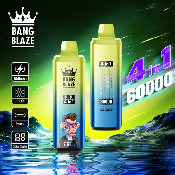 Deux appareils de vapotage jetables 4-en-1 Bang Blaze colorés avec affichages numériques, indicateurs de saveur et un graphique de singe de dessin animé, affichés dans un paysage futuriste au néon avec des reflets d'eau et des icônes de caractéristiques du produit répertoriées sur le côté.