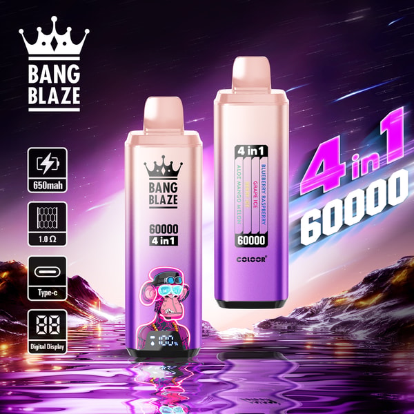 Deux appareils de vapotage jetables 4-en-1 Bang Blaze roses et violets avec affichage numérique, étiquettes de sélection de saveur et capacité de 60 000 bouffées, présentés dans un paysage de science-fiction vibrant avec de l'eau et des montagnes, aux côtés d'icônes caractéristiques du produit.