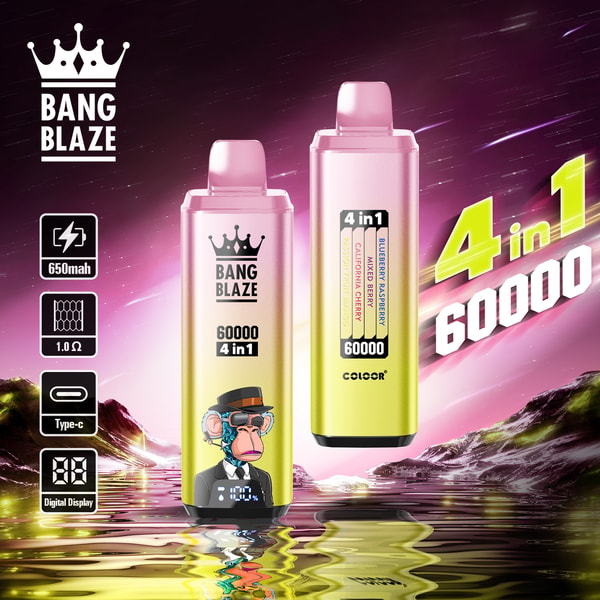 Deux appareils de vape Bang Blaze 4-en-1 avec des corps dégradés de rose et de jaune, l'un représentant un singe illustré avec des lunettes, affiché sur une surface d'eau réfléchissante avec un fond coloré et futuriste, mettant en évidence des fonctionnalités telles qu'une batterie de 650 mAh, un affichage numérique et une liste de saveurs.