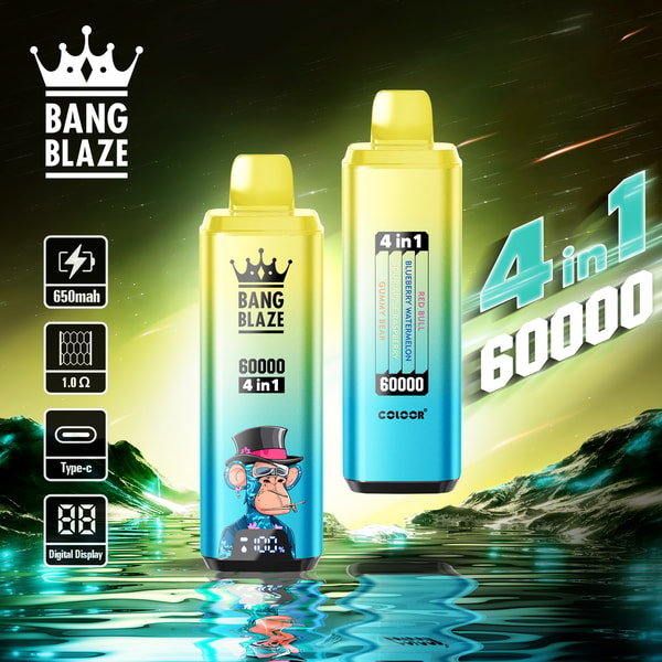 Deux appareils de vapotage jetables 4-en-1 Bang Blaze colorés avec une capacité de 60 000 bouffées, un affichage numérique et une illustration de singe, dans un paysage futuriste avec des fonctionnalités mises en évidence comme une batterie de 650 mAh, un port Type-C et une bobine maillée.
