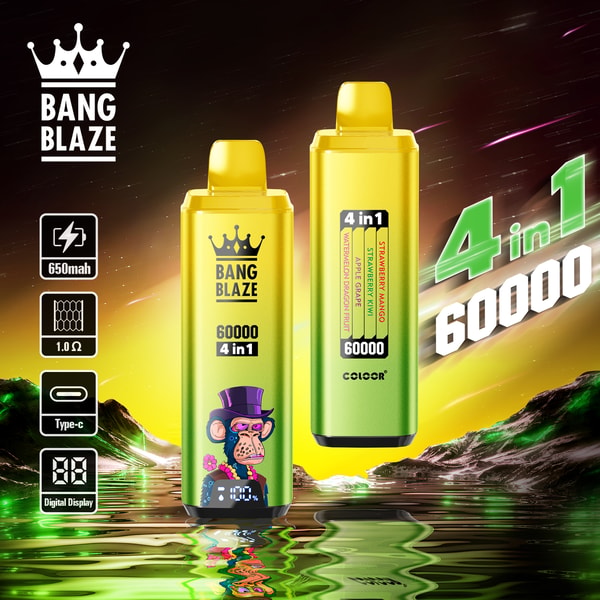Image promotionnelle du vape Bang Blaze 4 en 1 comprenant deux appareils de vape jaune-vert, des spécifications telles qu'une batterie de 650 mAh, une charge de type C, un affichage numérique et une capacité de 60 000 bouffées, le tout dans un paysage vibrant et futuriste avec des reflets d'eau et des couleurs néon.