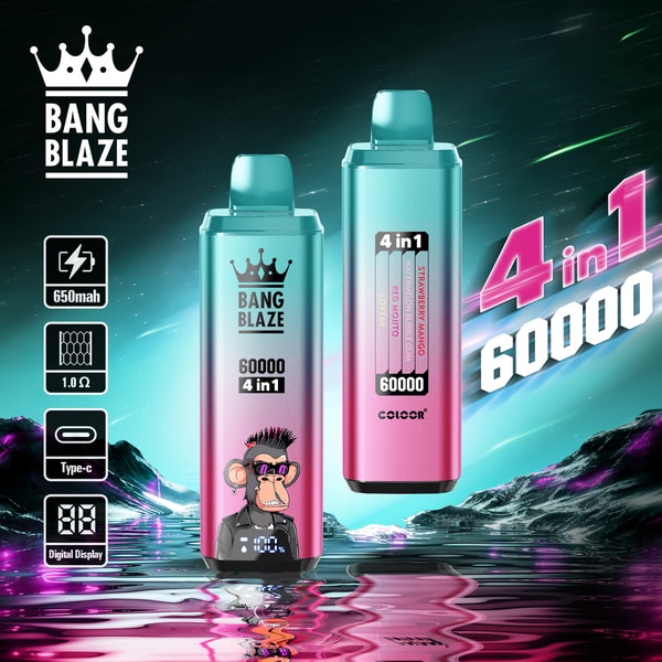 Publicité colorée pour le vape 4-en-1 Bang Blaze comprenant deux appareils de vape, l'un avec une illustration de singe de dessin animé, les spécifications du produit (650 mAh, 1.0Ω, Type-C, affichage numérique) et un texte en gras mettant en évidence ' 4 en 1 60000 ' sur un fond de paysage futuriste.