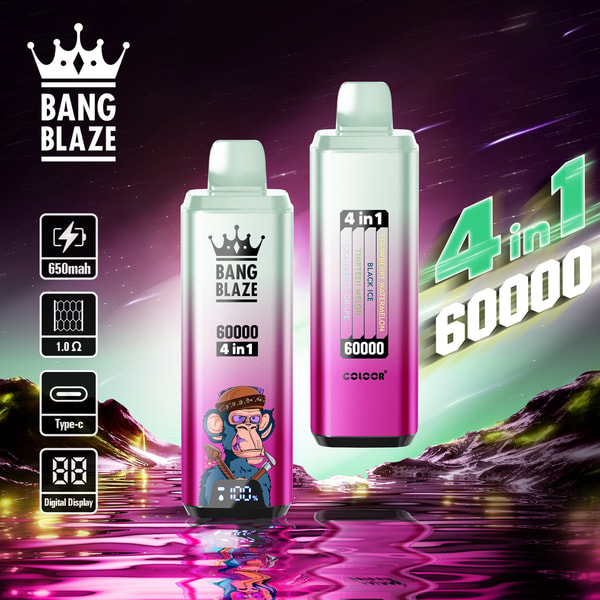 Image promotionnelle du vape jetable 4-en-1 Bang Blaze comprenant deux appareils de vape colorés avec affichage numérique, spécifications du produit (650 mAh, 1.0Ω, Type-C, affichage numérique) et saveurs répertoriées, dans un paysage vibrant et futuriste.