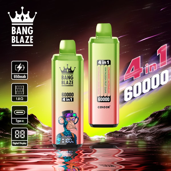 Deux appareils de vapotage jetables 4-en-1 Bang Blaze avec affichage numérique et design coloré, dans un paysage néon surréaliste avec les spécifications du produit à gauche et un grand texte ' 4 en 1 60000 ' à droite.