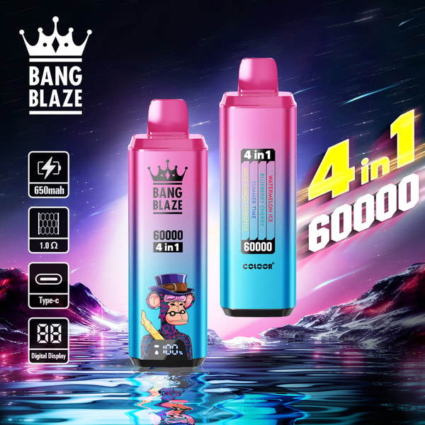 Image promotionnelle pour l'appareil de vape 4 en 1 BANG BLAZE montrant deux appareils colorés avec un affichage numérique, une batterie de 650 mAh, une charge de type C et un singe de dessin animé dans un design haut de forme, dans un paysage futuriste au néon avec le texte affichant ' 60000 ' et ' 4 en 1 '.