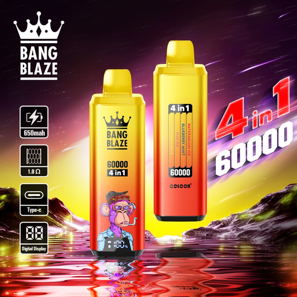 Publicité colorée pour l'appareil de vape 4-en-1 Bang Blaze comprenant deux unités de vape rectangulaires, une avec un singe de dessin animé portant une casquette, les caractéristiques techniques répertoriées sur la gauche et un fond vibrant avec de l'eau et des montagnes.