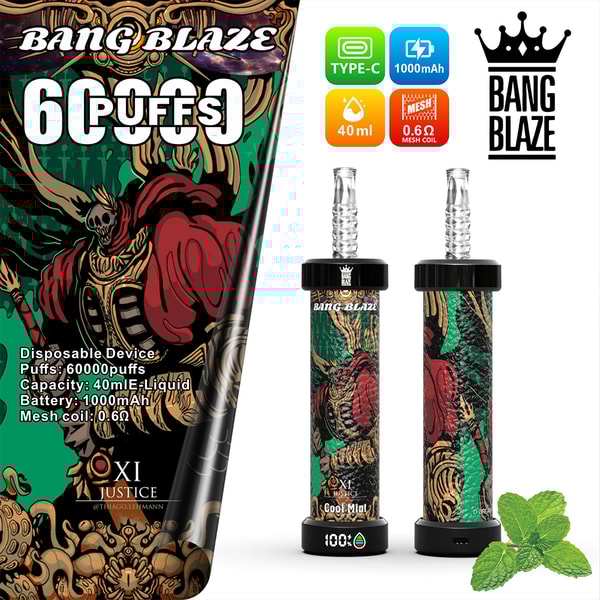 Werbebild für den Einweg-Vaporator Bang Blaze mit stilisierter Grafik eines Skelettkriegers, der 60.000 Züge, 40 ml E-Liquid-Kapazität, 1000-mAh-Akku, 0.6Ω-Mesh-Spule, Typ-C-Aufladung und Minzgeschmack hervorhebt.