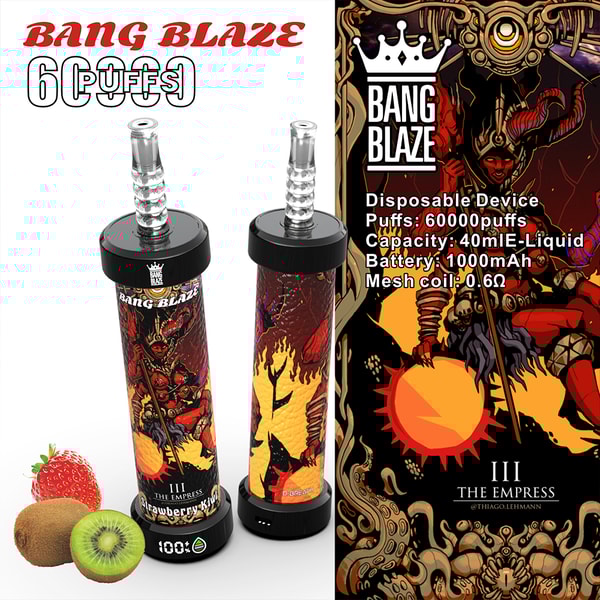 Bang Blaze Einweg-Vape-Gerät in einem rot-gelben Fantasy-Design mit der Aufschrift 'Strawberry Kiwi' mit Erdbeeren und Kiwis, Werbung für 60.000 Züge, 40 ml E-Liquid-Kapazität, 1000-mAh-Akku und Mesh-Spule 0.6Ω.