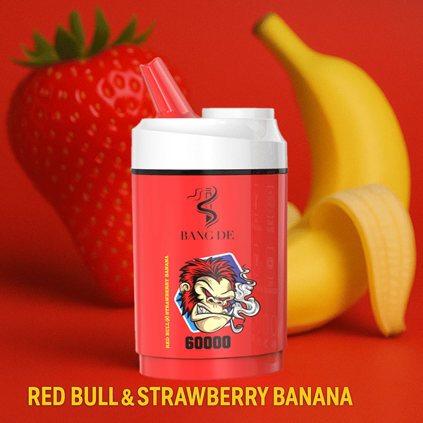 Czerwono-białe urządzenie do waporyzacji Bang De z logo małpy z kreskówek, umieszczone przed dużą truskawką i bananem, z napisem poniżej o smaku "Red Bull & Strawberry Banana".