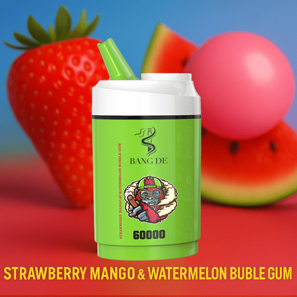Colorful vape device labeled 'BANG DE' with a cartoon monkey and '60000', set in front of a strawberry, watermelon, and pink bubblegum, with 'STRAWBERRY MANGO & WATERMELON BUBBLE GUM' written below.
