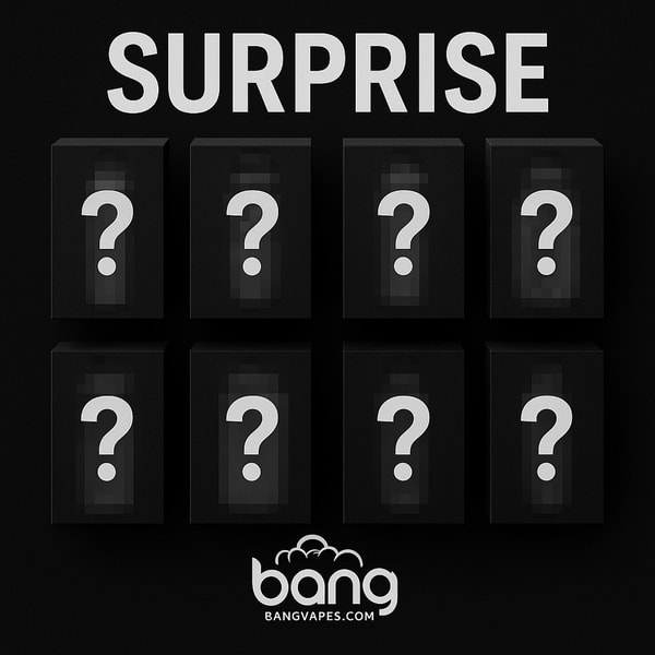 Una grafica con otto scatole misteriose nere, ciascuna caratterizzata da un grande punto interrogativo, la parola 'SURPRISE' in alto e il logo Bang Vapes con il sito web in basso.
