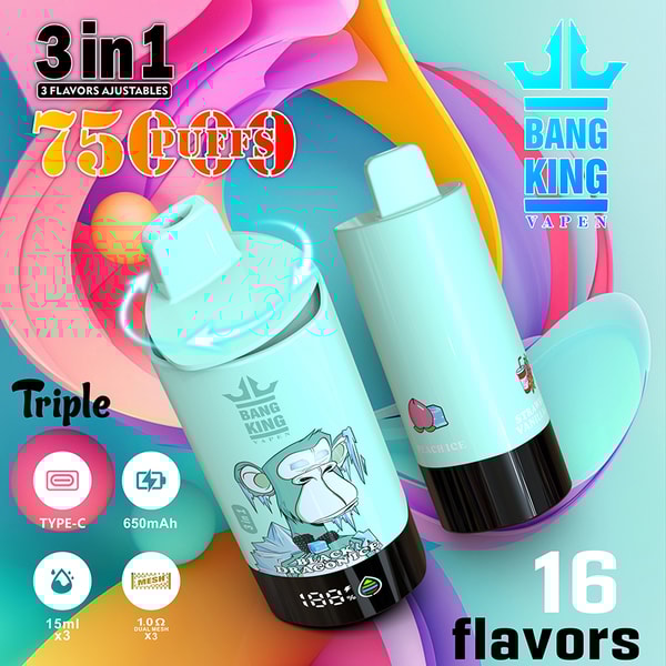 Advertisement for Bang King Vapen, a 3-in-1 disposable vape device with 16 flavors, 7500 puffs, adjustable flavors, type-C charging, 650mAh battery, and 15ml x3 e-liquid capacity, featuring colorful graphics and product images.