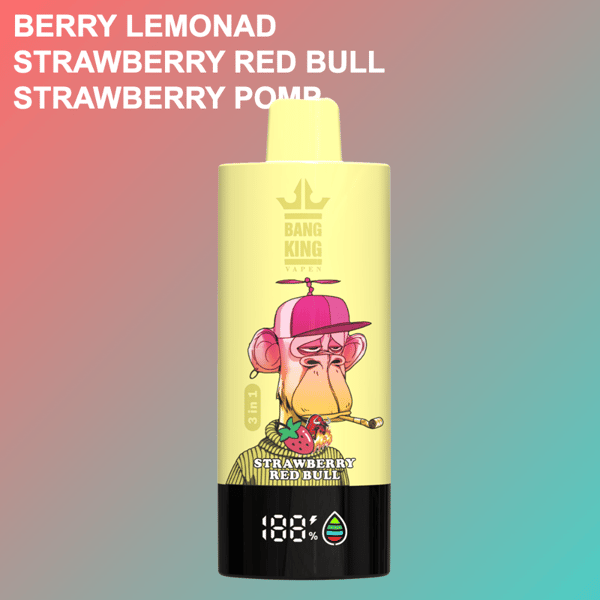 Yellow Bang King vape device featuring a cartoon monkey with a beanie, labeled 'Strawberry Red Bull,' against a pink and teal gradient background with flavor options listed in bold white text.