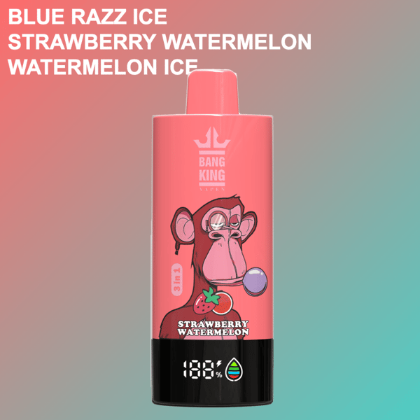 Pink Bang King vape device with a cartoon ape blowing bubblegum, strawberries and watermelon illustration, and flavor Strawberry Watermelon, against a pink and teal gradient background with additional flavor names Blue Razz Ice and Watermelon Ice listed above.