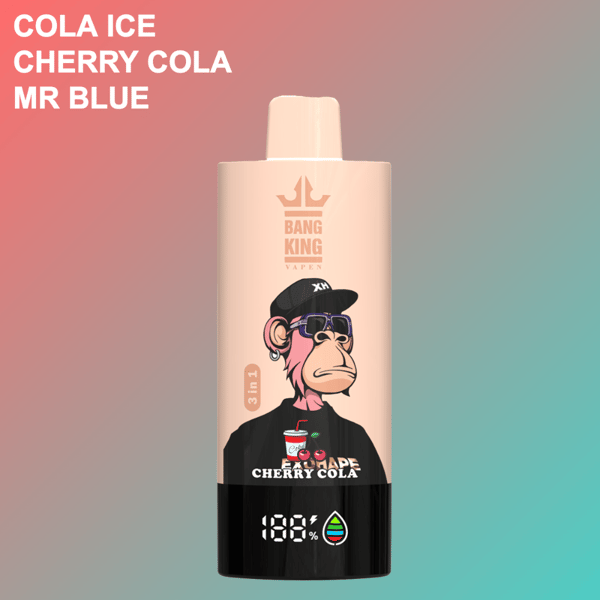 Dispositivo di vaporizzazione Bang King Vapen con scimmia cartoon che indossa occhiali da sole e berretto, etichettato sapore Cherry Cola, su uno sfondo sfumato con testo che elenca i gusti Cola Ice, Cherry Cola e Mr Blue.