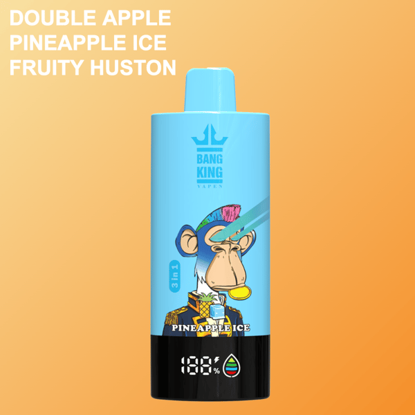 Light blue Bang King vape device featuring a cartoon monkey with a colorful mohawk, military uniform, and a pineapple ice flavor indication, set against a gradient orange background with text listing flavors: Double Apple, Pineapple Ice, and Fruity Huston.