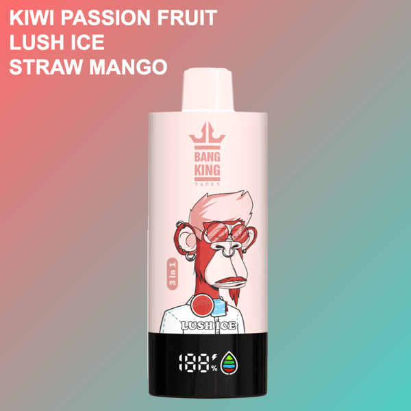 Bang King Vapen 3-in-1 vape device featuring an illustrated monkey wearing red sunglasses, with flavor options kiwi passion fruit, lush ice, and straw mango listed in bold white text on a pink and teal gradient background.