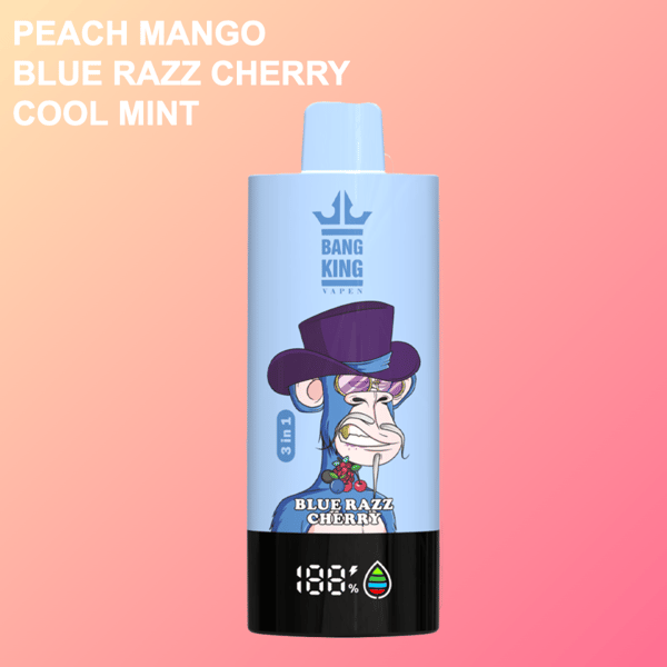 Bang King Vapen e-cigarette device with a cartoon ape wearing a purple hat and glasses labeled 'Blue Razz Cherry,' displayed on a peach-pink gradient background with text listing flavors: Peach Mango, Blue Razz Cherry, and Cool Mint.