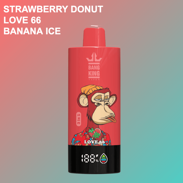 Red Bang King vape device with a cartoon monkey wearing a beanie and floral shirt, displayed with flavor names Strawberry Donut, Love 66, and Banana Ice on a gradient background.