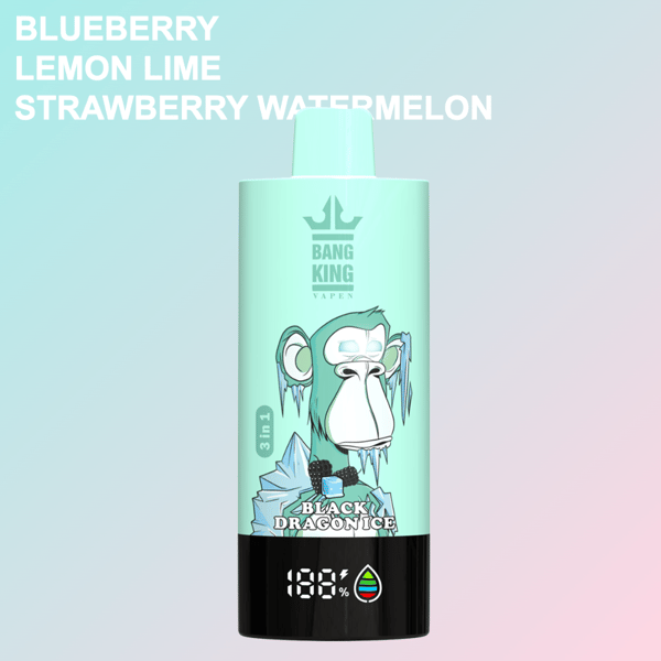 Dispositivo di vaporizzazione Bang King verde menta con una faccia di scimmia ghiacciata illustrata etichettata 'Black Dragon Ice', con opzioni di sapore mirtillo, limone lime e fragola anguria elencate in alto.