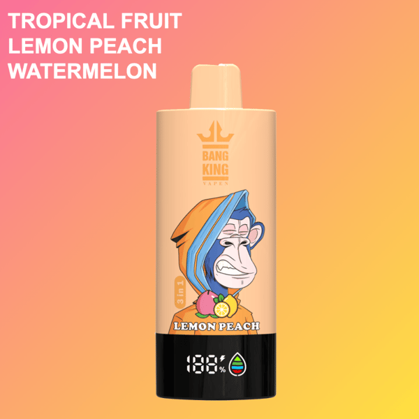 Bang King Lemon Peach vape device with cartoon ape wearing a hood, fruit illustrations, flavor list, and percentage indicator on an orange gradient background.