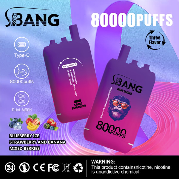 Image promotionnelle représentant deux appareils de vape S.Bang Bang Leader avec un design dégradé violet et rose, mettant en évidence des caractéristiques telles que 80 000 bouffées, un double maillage, une charge de type C, des options de saveur (glace à la myrtille, fraise et banane, baies mélangées) et un avertissement concernant la nicotine, sur un fond coloré abstrait.
