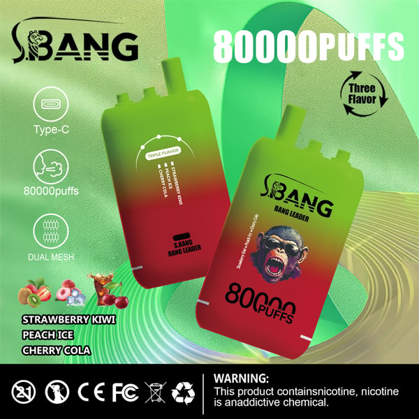 Appareils de vape colorés étiquetés SBANG Bang Leader avec des fonctionnalités telles que 80 000 bouffées, un chargement de type C, des options à double maillage et triple saveur (fraise kiwi, glace à la pêche et cola cerise) affichés avec des icônes, des images de fruits et un avertissement de nicotine sur un fond abstrait vert.