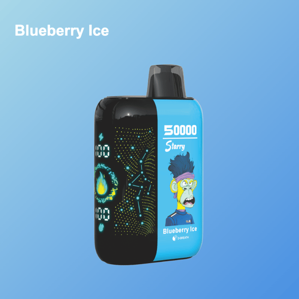 Niebieskie jednorazowe urządzenie do waporyzacji oznaczone 'Blueberry Ice' z cyfrowym wyświetlaczem, postacią z kreskówek i grafiką konstelacji gwiazd na niebieskim, gradientowym tle.