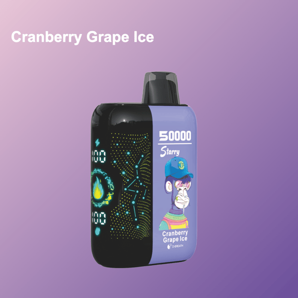 Vape o smaku Cranberry Grape Ice z fioletowo-czarnym wzorem, cyfrowym wyświetlaczem i ilustracją rysunkowej małpy na etykiecie, na fioletowym gradientowym tle z nazwą smaku napisaną pogrubioną czcionką.