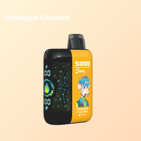 Żółto-czarne jednorazowe urządzenie do waporyzacji oznaczone "50000 Starry Pineapple Coconut" z cyfrowym wyświetlaczem, grafiką przedstawiającą kreskówkową małpę w okularach przeciwsłonecznych oraz tekst o smaku "Pineapple Coconut" na jasnym tle.