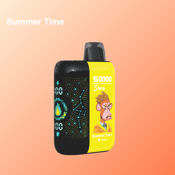 Kolorowe elektroniczne urządzenie do waporyzacji z cyfrowym wyświetlaczem, grafiką konstelacji i ilustracją rysunkowej małpy, oznaczone '50000 Starry Summer Time' na jasnopomarańczowym gradientowym tle z tekstem 'Summer Time' w lewym górnym rogu.