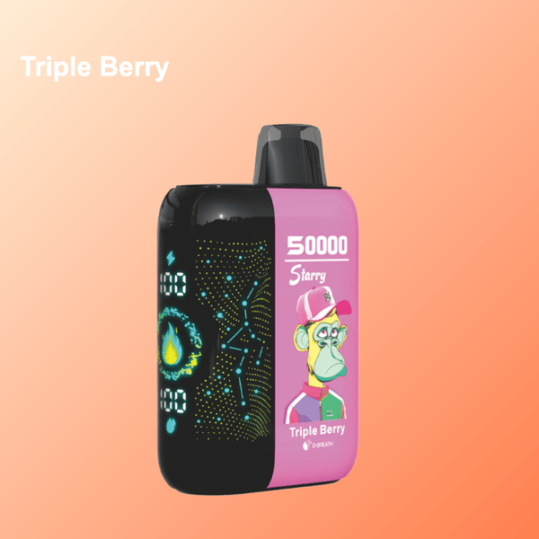 Urządzenie do waporyzacji o smaku Triple Berry, oznaczone '50000 Starry', przedstawiające rysunkową małpę w różowym kapeluszu i kurtce na różowo-czarnym tle, z konstelacją i cyfrowym wyświetlaczem odczytu, na tle gradientu brzoskwini.