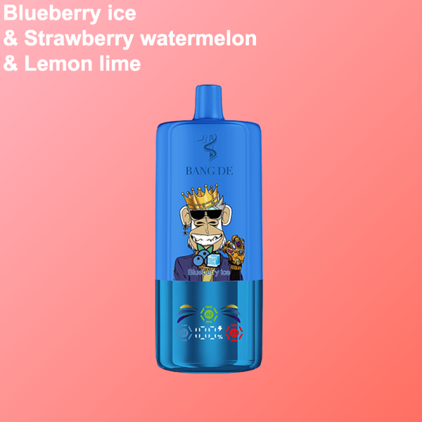 Blaues Einweg-Vape-Gerät mit Cartoon-Affe mit Sonnenbrille und Krone, beschriftet mit 'Blueberry Ice' auf rosa Hintergrund mit den Geschmacksrichtungen Blueberry Ice, Strawberry Watermelon und Lemon Lime in fettem weißem Text.