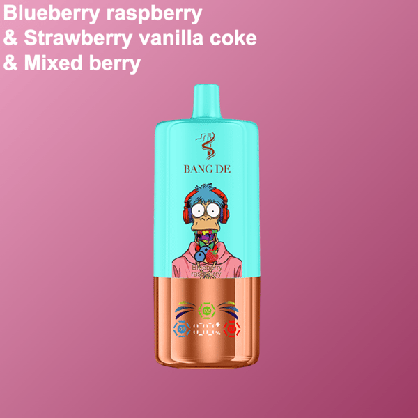 Blaues Einweg-Vape-Gerät mit der Aufschrift 'Bang De' und 'Blueberry Raspberry' mit einer Cartoon-Figur mit Kopfhörern auf einem rosa Hintergrund mit Farbverlauf und Text, der die Geschmacksrichtungen auflistet.
