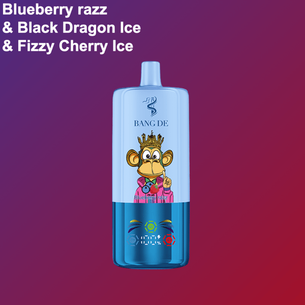 Blauw vape-apparaat met een cartoonaap met een kroon en een roze gewaad, met het opschrift 'Bang De', en een tekst met de smaken bosbessenrazz, zwart drakenijs en koolzuurhoudend kersenijs op een paarse en rode achtergrond met kleurovergang.