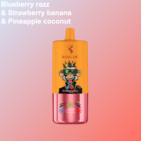 Farbenfrohes Verdampfergerät mit der Aufschrift 'BANG DE' mit der Abbildung eines gekrönten Affen mit Sonnenbrille, digitalen Anzeigen unten und einem Text mit den Geschmacksrichtungen: Blaubeer-Razz, Erdbeer-Banane und Ananas-Kokosnuss.