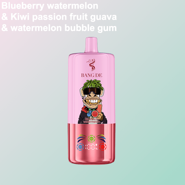 Pinkes Bang-De-Vape-Gerät mit einer Zeichentrickfigur mit grünen Haaren, Sonnenbrille und breitem Grinsen, die eine Scheibe Wassermelone in der Hand hält, mit den oben aufgeführten Geschmacksoptionen auf einem Hintergrund mit hellem Farbverlauf.