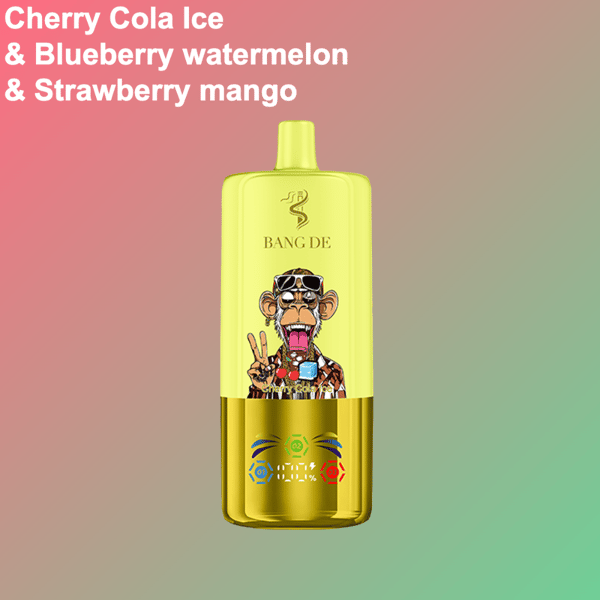 Gelb-goldenes Einweg-Vape-Gerät mit einem Cartoon-Affen, der eine Sonnenbrille trägt und ein Friedenszeichen macht, angezeigt auf einem rosa-grünen Hintergrund mit Farbverlauf und Text, der die Geschmacksrichtungen Cherry Cola Ice, Blueberry Watermelon und Strawberry Mango auflistet.