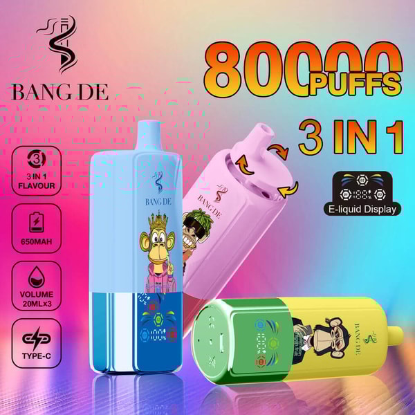 Publicité colorée pour les vapes jetables Bang De présentant trois appareils avec des motifs de singes de dessins animés, mettant en évidence des caractéristiques telles que 80 000 bouffées, une saveur 3 en 1, une batterie de 650 mAh, 20 ml d'e-liquide par saveur et une charge de type C sur un fond dégradé.