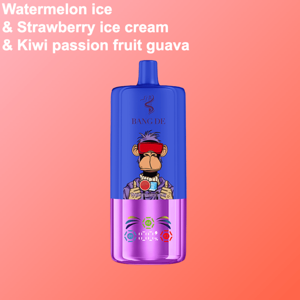 Farbenfrohes E-Zigarettengerät mit einem Cartoon-Affen mit roter Schutzbrille und der Aufschrift 'Bang De' und 'Watermelon Ice', angezeigt vor einem Hintergrund mit rosa Farbverlauf und Text, der die Geschmacksrichtungen Wassermeloneneis, Erdbeereis und Kiwi-Passionsfrucht-Guave auflistet.