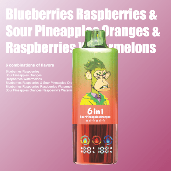 Une bouteille de vape aromatisée 6-en-1 au design vibrant, avec un graphique de singe caricatural et un texte mettant en valeur des combinaisons de saveurs comme les ananas aigres et les oranges sur un fond dégradé.