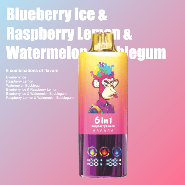 Une cartouche de vape colorée représentant un singe de dessin animé portant un mohawk et un costume multicolores, étiquetée ' 6 en 1 Raspberry Lemon ', sur un fond dégradé avec un texte détaillant six combinaisons de saveurs.