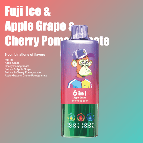 Une bouteille d'appareil de vapotage colorée représentant un singe de dessin animé dans un capuchon, étiquetée avec les options de saveur pomme raisin ' 6 en 1 ', sur un fond dégradé.